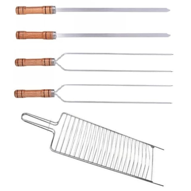 Kit Churrasco Grelha Dupla,4 Espetos Cabo Madeira 65cm Para Peixes Carnes Frangos Linguiça Churrasco.